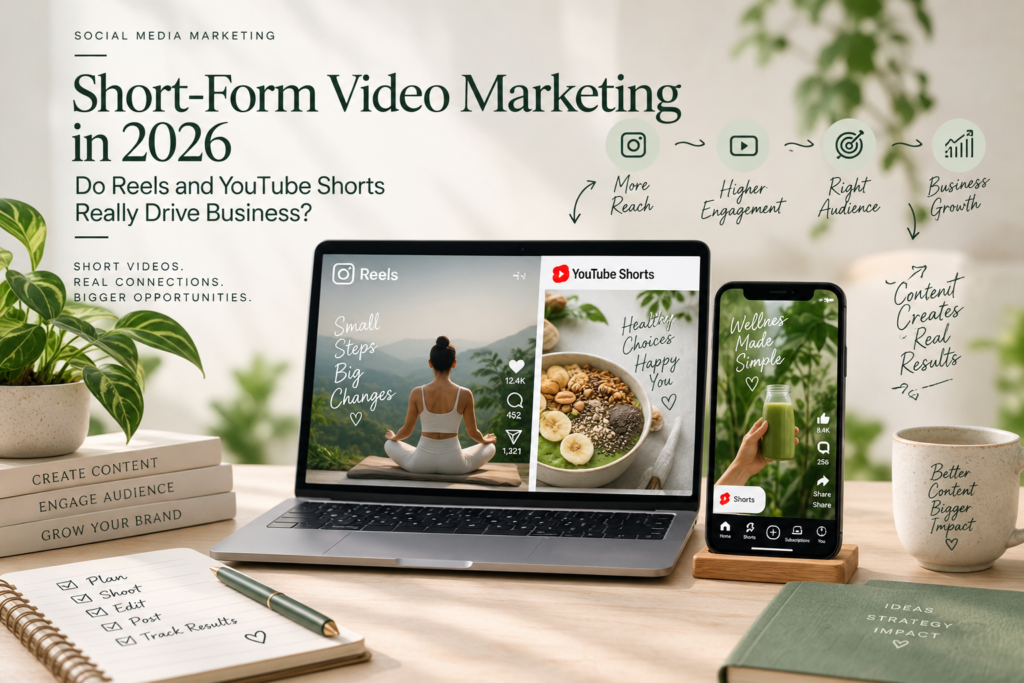 Short-Form Video Marketing in 2026: Do Reels and YouTube Shorts Really Drive Business? pastel short form video marketing workspace